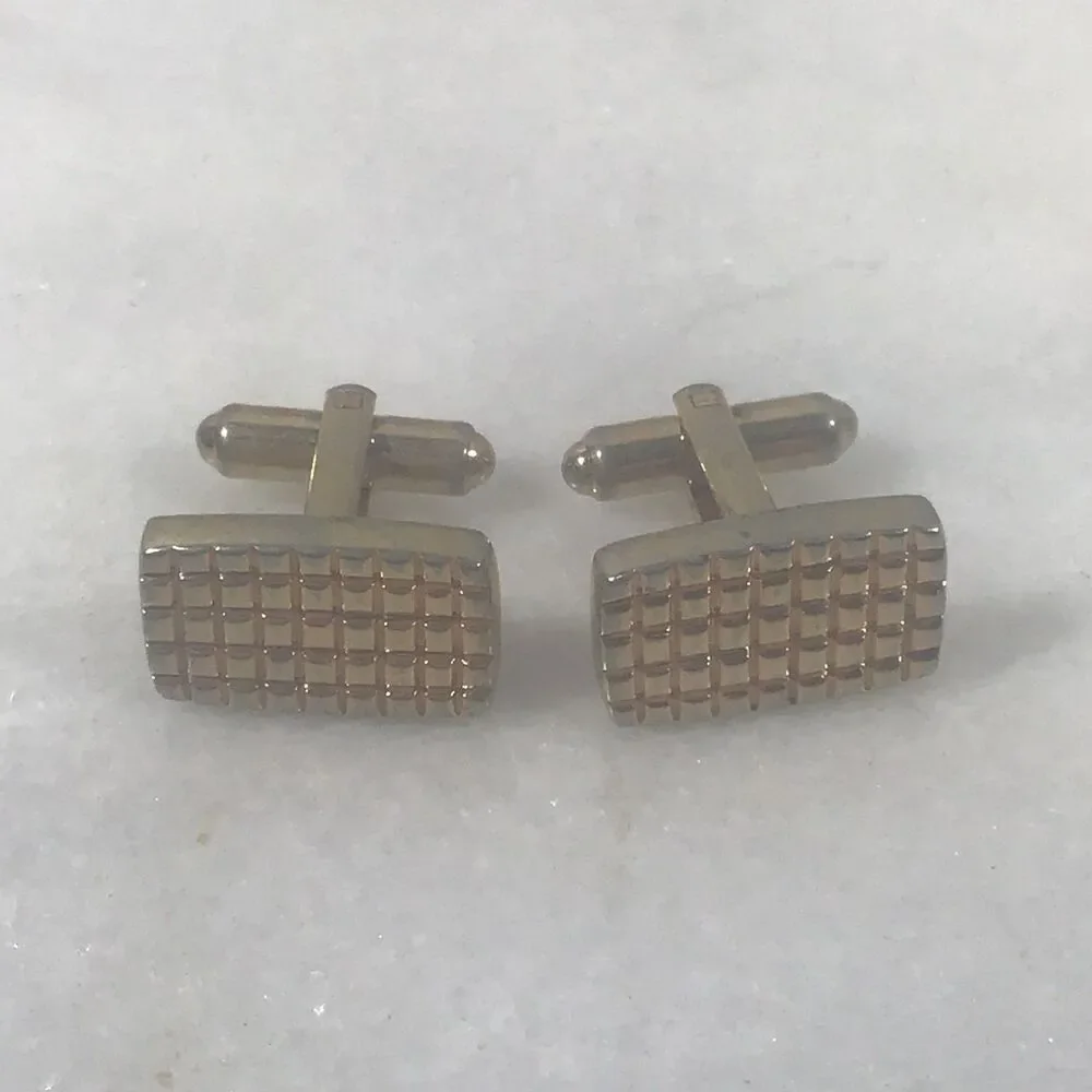 Vintage Gold Tone Rectangular Grid Pattern Waffle Texture Cufflinks MCM